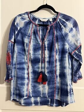 Caffe Marrakesh Tunic Blouse Womens Small Blue Tie Dye Embroidered Tassel Boho